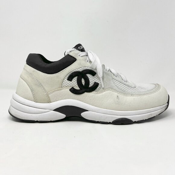 Chanel Logo Trainer Sneakers Black White Mesh Suede 39½- Style G38299 - Picture 4 of 9